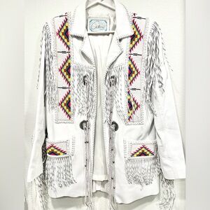 ARTURO Burray Olson Vintage White Leather Suede Fringe Beaded Handmade Jacket